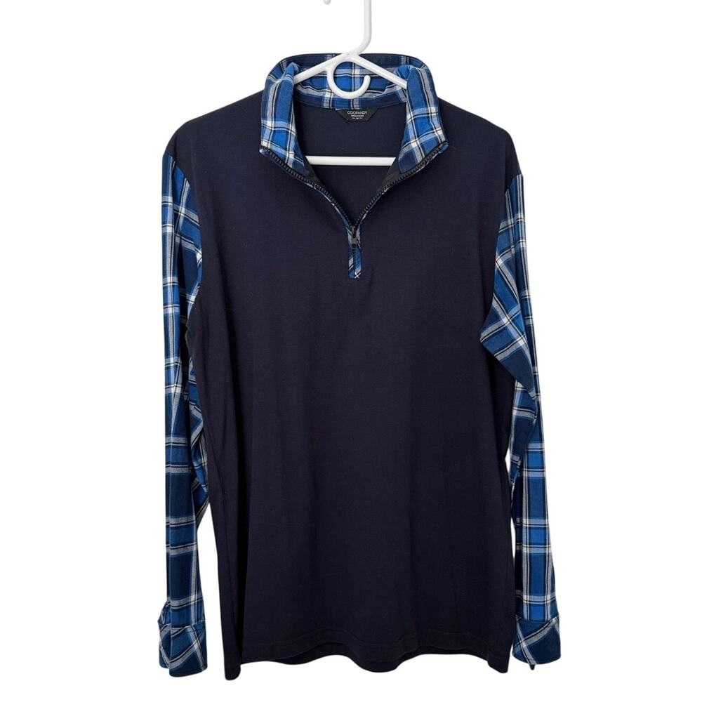 Men's Navy Blue Plaid Sleeves Quarter Zip Pullover Sweater M
